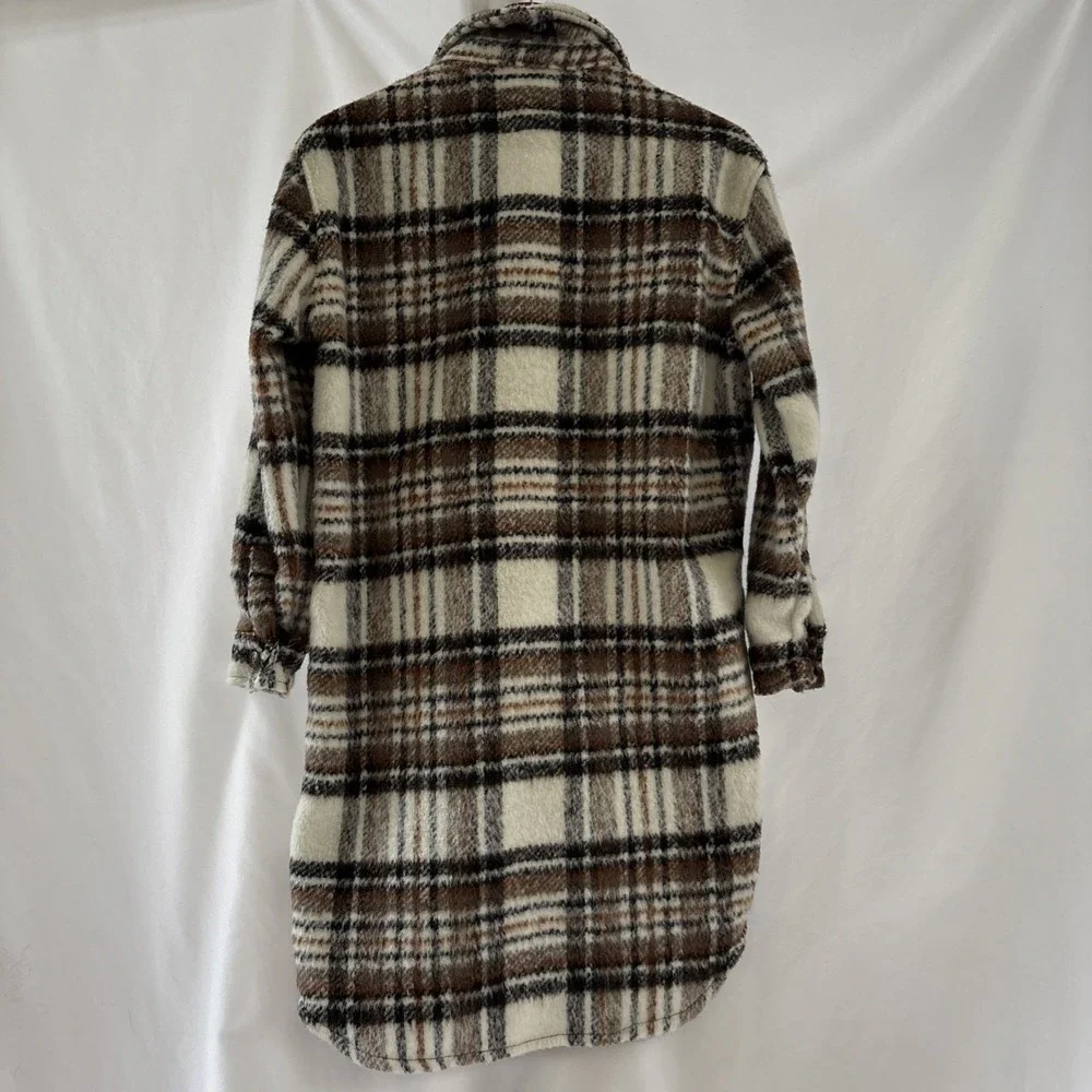 Blank NYC Womens Small Plaid Shacket Jacket Fuzzy Button Down‎ Brown White